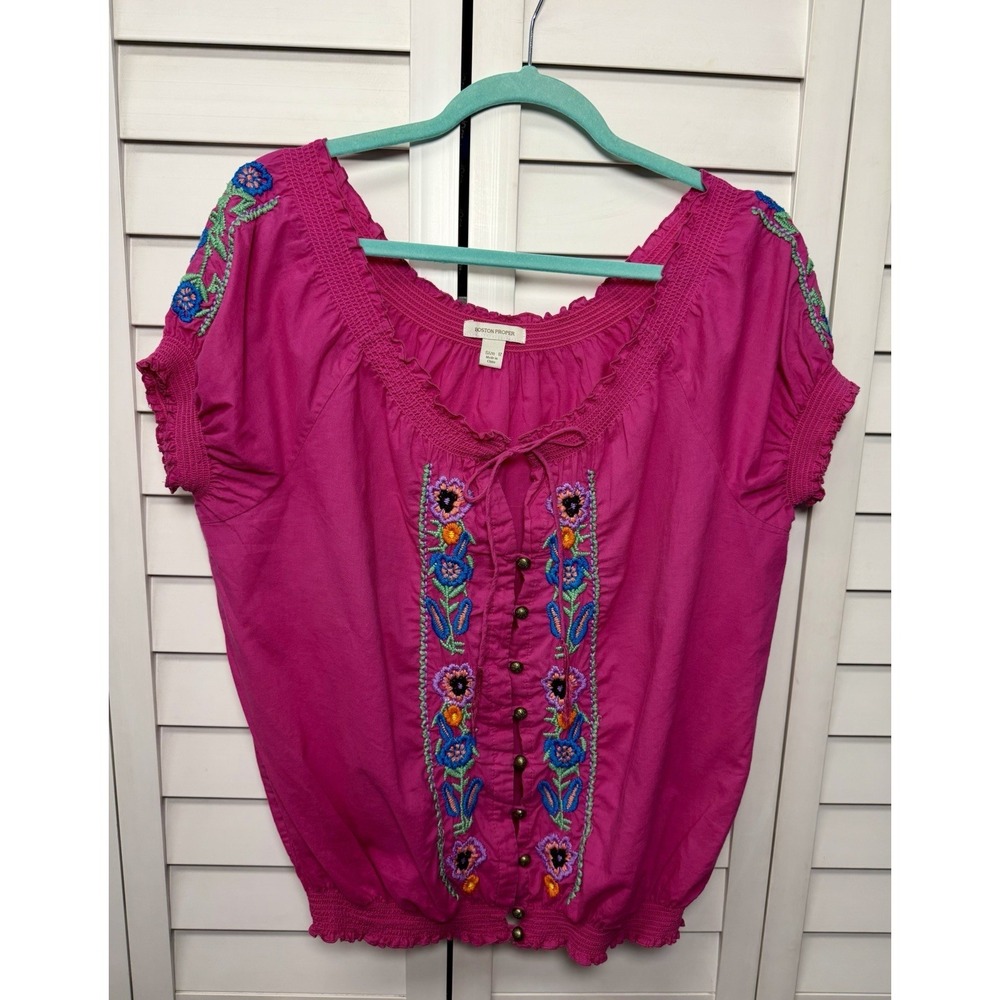 Boston Proper Floral Embroidered Boho Smocked Cotton Top Women's Size 12